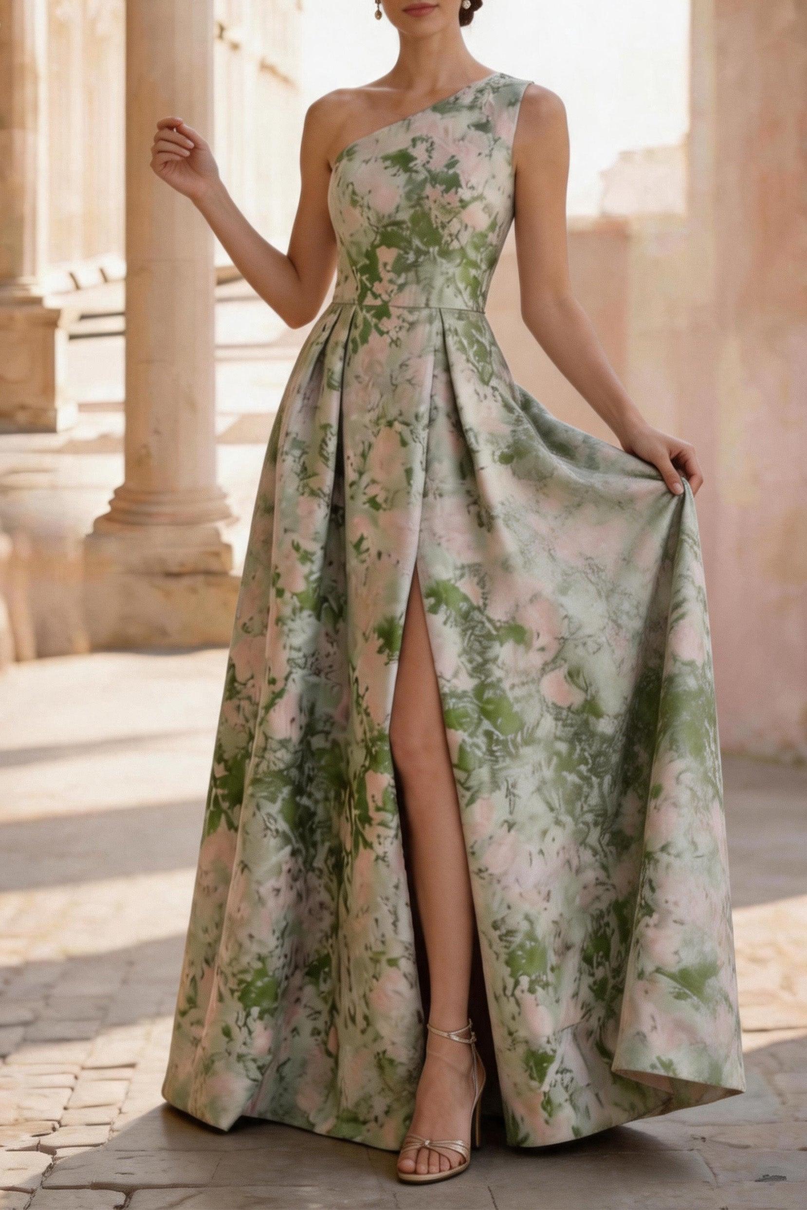 A-Line Floor Length Jacquard Mother of the Bride Dress CM0463 - Green Floral - COCOMELODY